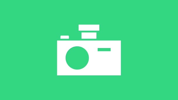 Λευκό εικονίδιο φωτογραφικής μηχανής απομονωμένο σε πράσινο φόντο. Εικονίδιο φωτογραφικής μηχανής. 4K Γραφική κίνηση κίνησης βίντεο — Αρχείο Βίντεο