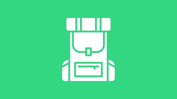 Bílý turistický batoh ikona izolované na zeleném pozadí. Táboření a poznávání hor batohem. Grafická animace pohybu videa 4K — Stock video