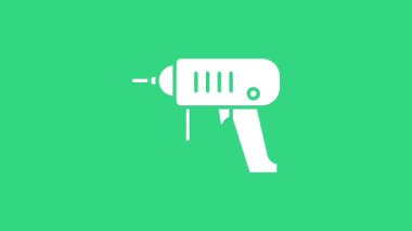 Beyaz Elektrik sondaj makinesi simgesi yeşil arkaplanda izole edildi. Tamir aleti. 4K Video hareketli grafik canlandırması