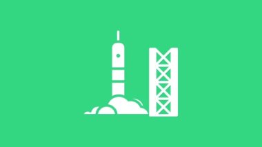 Uzay simgesinden beyaz roket fırlatması yeşil arkaplanda izole edildi. Uzaya roket fırlatın. 4K Video hareketli grafik canlandırması