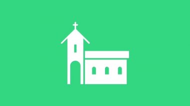 Beyaz Kilise binası ikonu yeşil arka planda izole edildi. Hıristiyan Kilisesi. Kilisenin dini. 4K Video hareketli grafik canlandırması