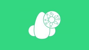 Yeşil arka planda beyaz burun ve virüs ikonu izole edildi. Rhinitis semptomları, tedavi. Burun ve hapşırma. Burun hastalıkları. 4K Video hareketli grafik canlandırması