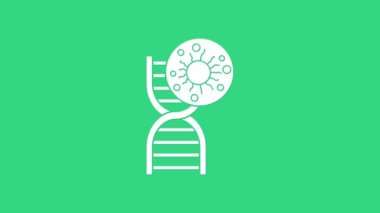 Yeşil arka planda beyaz DNA sembolü ve virüs ikonu var. 4K Video hareketli grafik canlandırması
