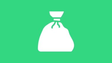 Yeşil arkaplanda beyaz çöp torbası simgesi izole edildi. 4K Video hareketli grafik canlandırması