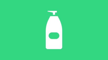 Yeşil zemin üzerinde izole edilmiş şeker ikonu olan beyaz şişe anti bakteriyel sabun. Antiseptik. Dezenfeksiyon, hijyen, cilt bakımı. 4K Video hareketli grafik canlandırması