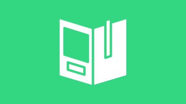 Beyaz Açık kitap simgesi yeşil arkaplanda izole edildi. 4K Video hareketli grafik canlandırması
