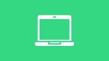 Yeşil arkaplanda beyaz dizüstü bilgisayar simgesi izole edildi. Boş ekran işaretli bilgisayar defteri. 4K Video hareketli grafik canlandırması