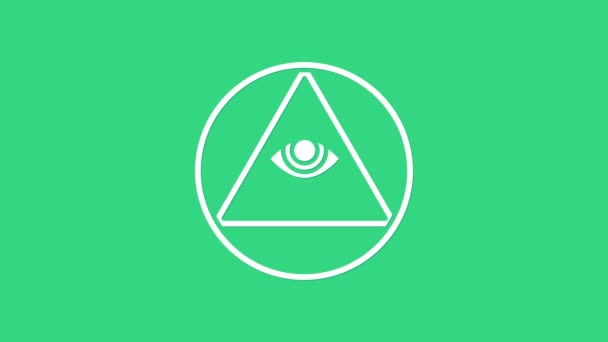 Witte Vrijmetselaars symbool Alziende oog van God pictogram geïsoleerd op groene achtergrond. Het oog van de Voorzienigheid in de driehoek. 4K Video motion grafische animatie — Stockvideo