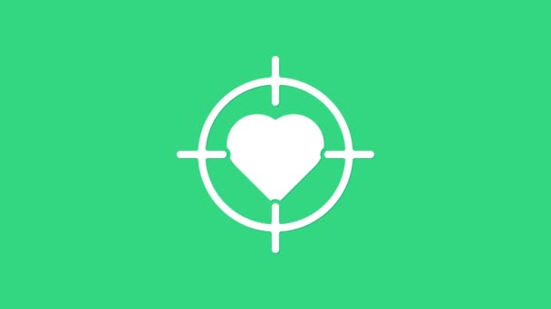 White Heart uprostřed šipky cíl ikona izolované na zeleném pozadí. Mezinárodní den šťastných žen. Grafická animace pohybu videa 4K — Stock video