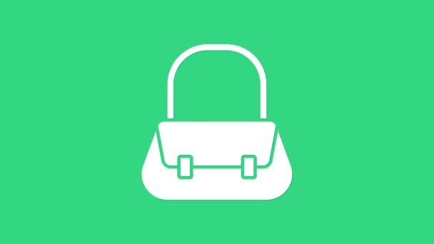 Біла піктограма сумки ізольована на зеленому тлі. Жіноча сумка. Гламурний символ повсякденного багажу. 4K Відео рух графічна анімація — стокове відео