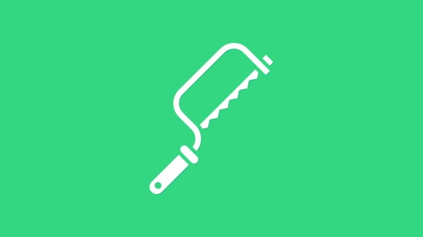 White Hacksaw icon isolated on green background. Metal saw for wood and metal. 4K Video motion graphic animation — Stock Video