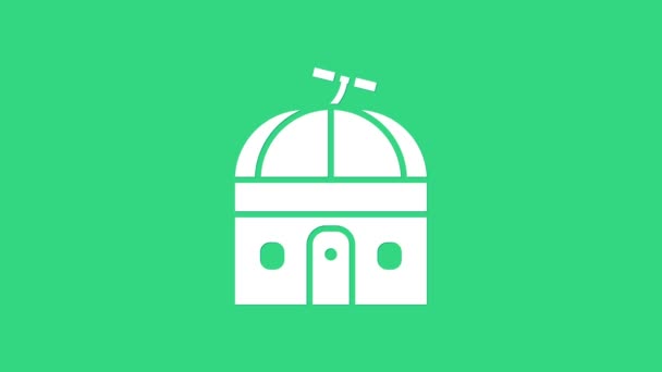Иконка Белой астрономической обсерватории выделена на зеленом фоне. Обсерватория с телескопом. Научное учреждение Видеографическая анимация 4K — стоковое видео