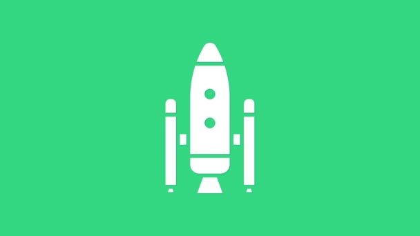 Beyaz uzay mekiği ve roket ikonu yeşil arka planda izole edildi. 4K Video hareketli grafik canlandırması — Stok video