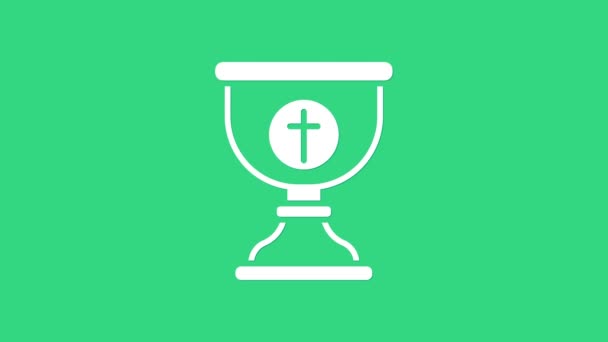 Icono blanco de cáliz cristiano aislado sobre fondo verde. Icono del cristianismo. Feliz Pascua. Animación gráfica de vídeo 4K — Vídeo de stock
