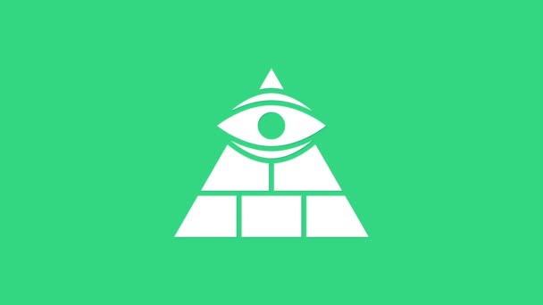 Beyaz Masonların sembolü Tanrı 'nın her şeyi gören ikonu yeşil arka planda izole edilmiş. Üçgendeki Tanrı 'nın Gözü. 4K Video hareketli grafik canlandırması — Stok video