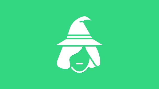 Biała ikona czarownicy odizolowana na zielonym tle. Wesołego Halloween. 4K Animacja graficzna ruchu wideo — Wideo stockowe