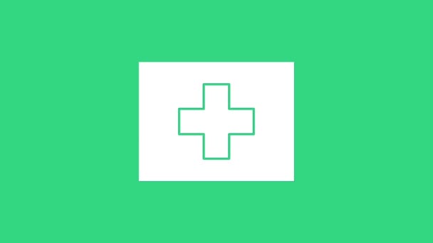 Icono del kit de primeros auxilios blanco aislado sobre fondo verde. Caja médica con cruz. Equipo médico para emergencias. Concepto de salud. Animación gráfica de vídeo 4K — Vídeos de Stock