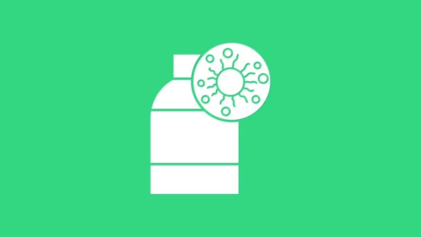Λευκό μπουκάλι με ιό και βακτηρίδια εικονίδιο απομονώνονται σε πράσινο φόντο. Ανάλυση μικροοργανισμών, έρευνα, διάγνωση. 4K Γραφική κίνηση κίνησης βίντεο — Αρχείο Βίντεο