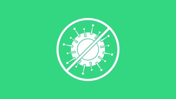 Fehér Stop vírus ikon izolált zöld alapon. Corona vírus 2019-nCoV. Baktériumok és baktériumok, sejtrák, mikrobák, gombák. 4K Videó mozgás grafikus animáció — Stock videók