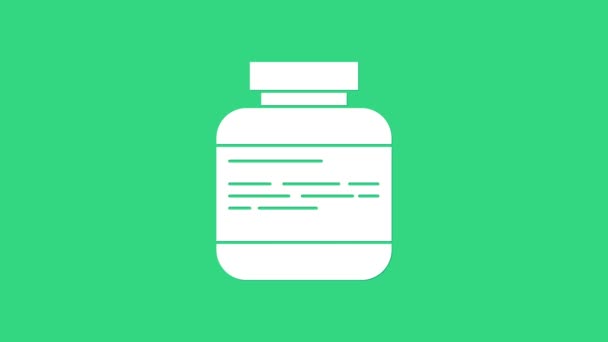 Weiße Medizin Flasche und Pillen Symbol isoliert auf grünem Hintergrund. Medikamentenpaket für Tabletten, Vitamine, Antibiotika, Aspirin. 4K Video Motion Grafik Animation — Stockvideo