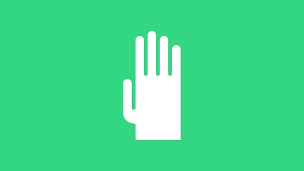 Yeşil arka planda beyaz lastik eldiven ikonu izole edildi. Lateks el koruması işareti. Ev işi temizlik ekipmanları sembolü. 4K Video hareketli grafik canlandırması — Stok video