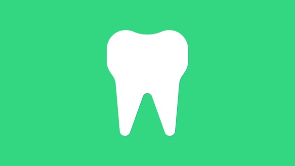 Diente blanco icono aislado sobre fondo verde. Símbolo dental para clínica de odontología o centro médico dentista y paquete de pasta de dientes. Animación gráfica de vídeo 4K — Vídeo de stock