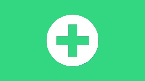 White Cross sjukhus medicinska ikon isolerad på grön bakgrund. Första hjälpen. Diagnostiksymbol. Medicin och apotek tecken. 4K Video motion grafisk animation — Stockvideo