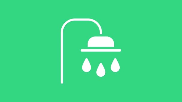 Cabeza de ducha blanca con gotas de agua que fluyen icono aislado sobre fondo verde. Animación gráfica de vídeo 4K — Vídeo de stock