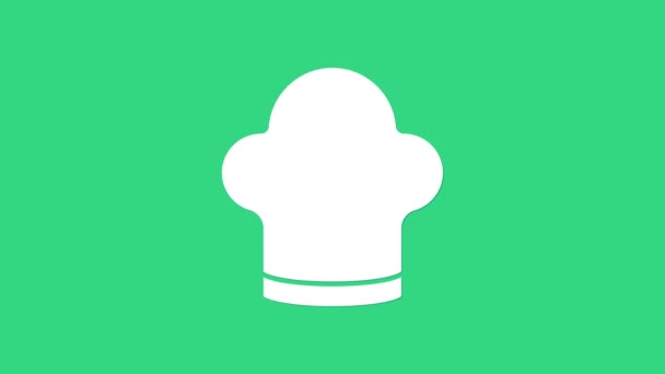 Chef blanco sombrero icono aislado sobre fondo verde. Símbolo de cocina. Sombrero de cocina. Animación gráfica de vídeo 4K — Vídeo de stock