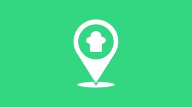 Yeşil arka planda konum simgesi olan beyaz aşçı şapkası. Aşçılık sembolü. Aşçı şapkası. 4K Video hareketli grafik canlandırması