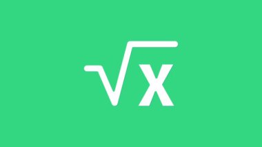 Yeşil arkaplanda izole edilmiş x sembolünün beyaz kare kökü. Matematiksel ifade. 4K Video hareketli grafik canlandırması