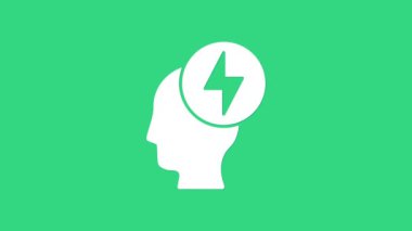 Beyaz insan kafası ve yeşil arka planda izole edilmiş elektrik sembolü. 4K Video hareketli grafik canlandırması