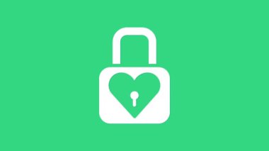 Beyaz kilit ve kalp ikonu yeşil arkaplanda izole edildi. Kilitli Kalp. Aşk sembolü ve anahtar deliği işareti. Sevgililer Günü sembolü. 4K Video hareketli grafik canlandırması