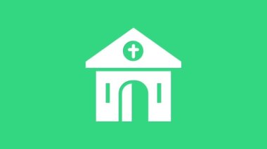 Beyaz Kilise binası ikonu yeşil arka planda izole edildi. Hıristiyan Kilisesi. Kilisenin dini. 4K Video hareketli grafik canlandırması