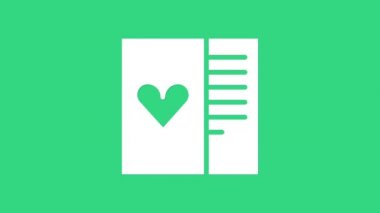 Yeşil arka planda kalp ikonu olan beyaz kartpostal. Mesaj aşkım. Aşk ve romantizm mektubu. 4K Video hareketli grafik canlandırması