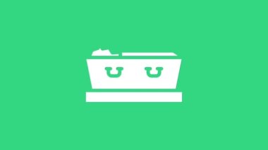 Beyaz açık tabut ve yeşil arka planda izole edilmiş ölü beden simgesi. Ölümden sonra cenaze. Cenaze için açık bir cenaze arabasında ceset. 4K Video hareketli grafik canlandırması