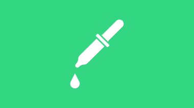 Beyaz Pipette simgesi yeşil arkaplanda izole edildi. Tıbbi elementler, kimya laboratuarı ekipmanları. Damlalı boru. Tıp sembolü. 4K Video hareketli grafik canlandırması