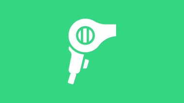 Beyaz saç kurutma ikonu yeşil arka planda izole edildi. Saç kurutma makinesi tabelası. Saç kurutma sembolü. Sıcak hava üflüyor. 4K Video hareketli grafik canlandırması