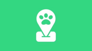 Beyaz Konum hayvan bakım ikonu yeşil arka planda izole. Evcil hayvan kuaförü. Köpekler ve kediler için berber dükkanı. 4K Video hareketli grafik canlandırması