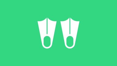 Yüzme ikonu için beyaz plastik yüzgeçler yeşil arka planda izole edilmiş. Dalış ekipmanları. Olağanüstü bir spor. Su altı ekipmanları. 4K Video hareketli grafik canlandırması