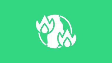 Beyaz Küresel ısınma ateş ikonu yeşil arkaplanda izole edildi. 4K Video hareketli grafik canlandırması