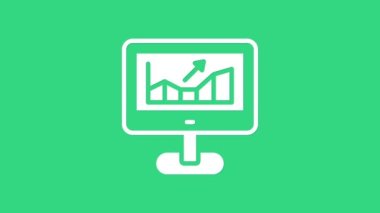 Borsa büyüme grafikleri olan beyaz bilgisayar ve yeşil arka planda izole edilmiş para simgesi. Ekranda ok grafikleri olan bir monitör. 4K Video hareketli grafik canlandırması