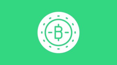 Yeşil arka planda beyaz kripto para Bitcoin simgesi izole edildi. Madeni para. Engelleme zinciri tabanlı şifreli para birimi. 4K Video hareketli grafik canlandırması