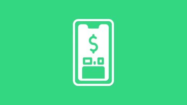 Yeşil arka planda dolar sembolü olan beyaz akıllı telefon. İnternetten alışveriş konsepti. Finansal cep telefonu simgesi. Çevrimiçi ödeme. 4K Video hareketli grafik canlandırması