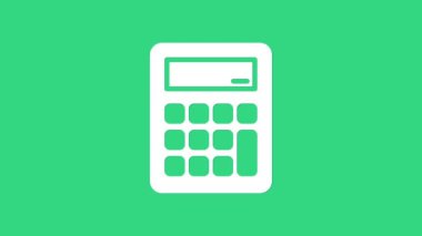Yeşil arkaplanda beyaz hesap makinesi simgesi izole edildi. Muhasebe sembolü. İş hesaplamaları matematik eğitimi ve finans. 4K Video hareketli grafik canlandırması