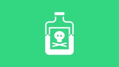 Yeşil arka planda beyaz zehir ikonu izole edildi. Bir şişe zehir ya da zehirli kimyasal toksin. 4K Video hareketli grafik canlandırması