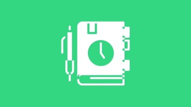 Beyaz Günlük Kağıt Not Defteri simgesi yeşil arka planda izole edildi. 4K Video hareketli grafik canlandırması