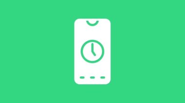 Beyaz Alarm saat uygulaması akıllı telefon arayüzü simgesi yeşil arkaplanda izole edildi. 4K Video hareketli grafik canlandırması