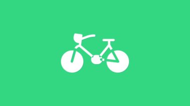 Yeşil arka planda beyaz bisiklet simgesi izole edildi. Bisiklet yarışı. Olağanüstü bir spor. Spor malzemeleri. 4K Video hareketli grafik canlandırması
