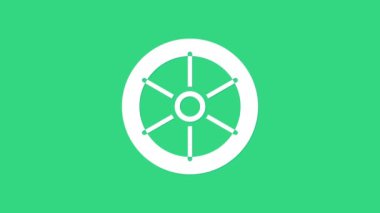 Yeşil arka planda beyaz bisiklet tekerleği simgesi izole edildi. Bisiklet yarışı. Olağanüstü bir spor. Spor malzemeleri. 4K Video hareketli grafik canlandırması